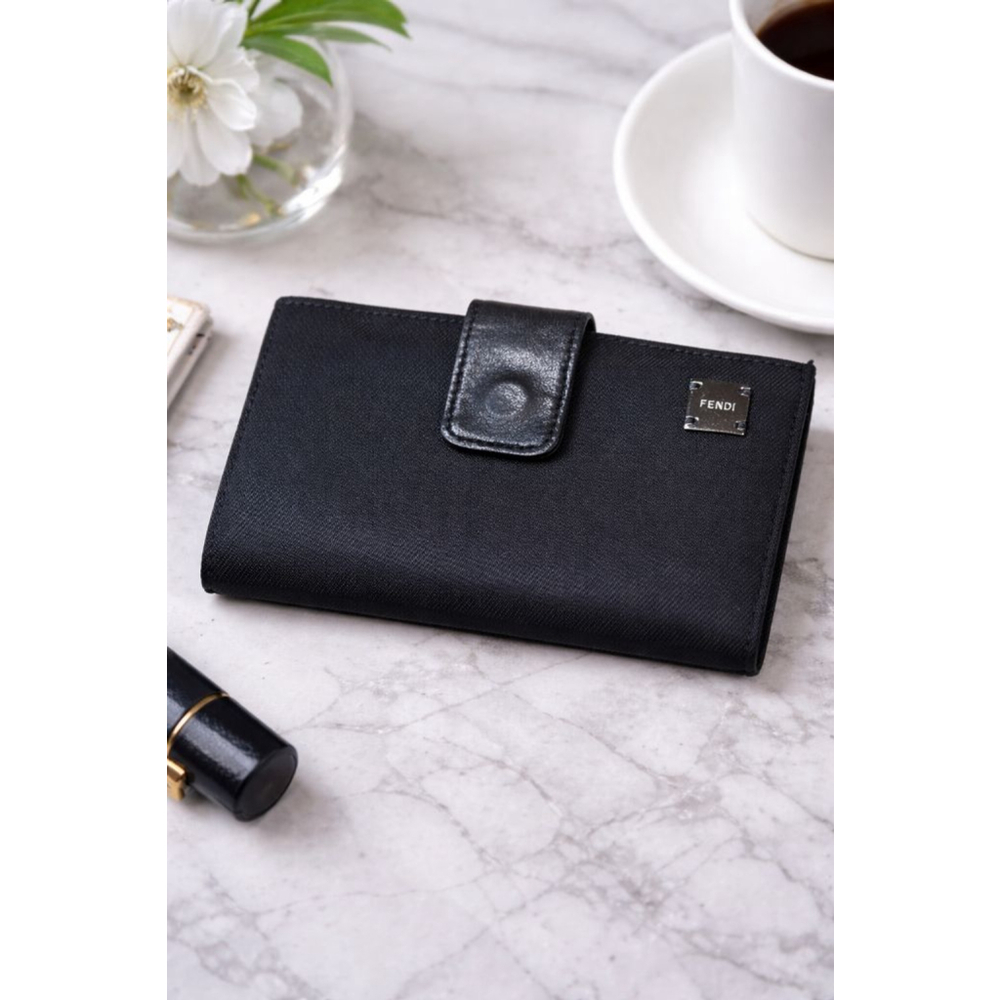 Fendi Black Leather and Canvas Bi-Fold Wallet